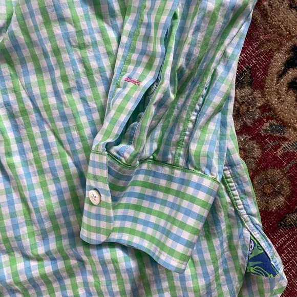 Lilly Pulitzer Green Blue & White Gingham Check Button Down Shirt Men’s L - Picture 4 of 9
